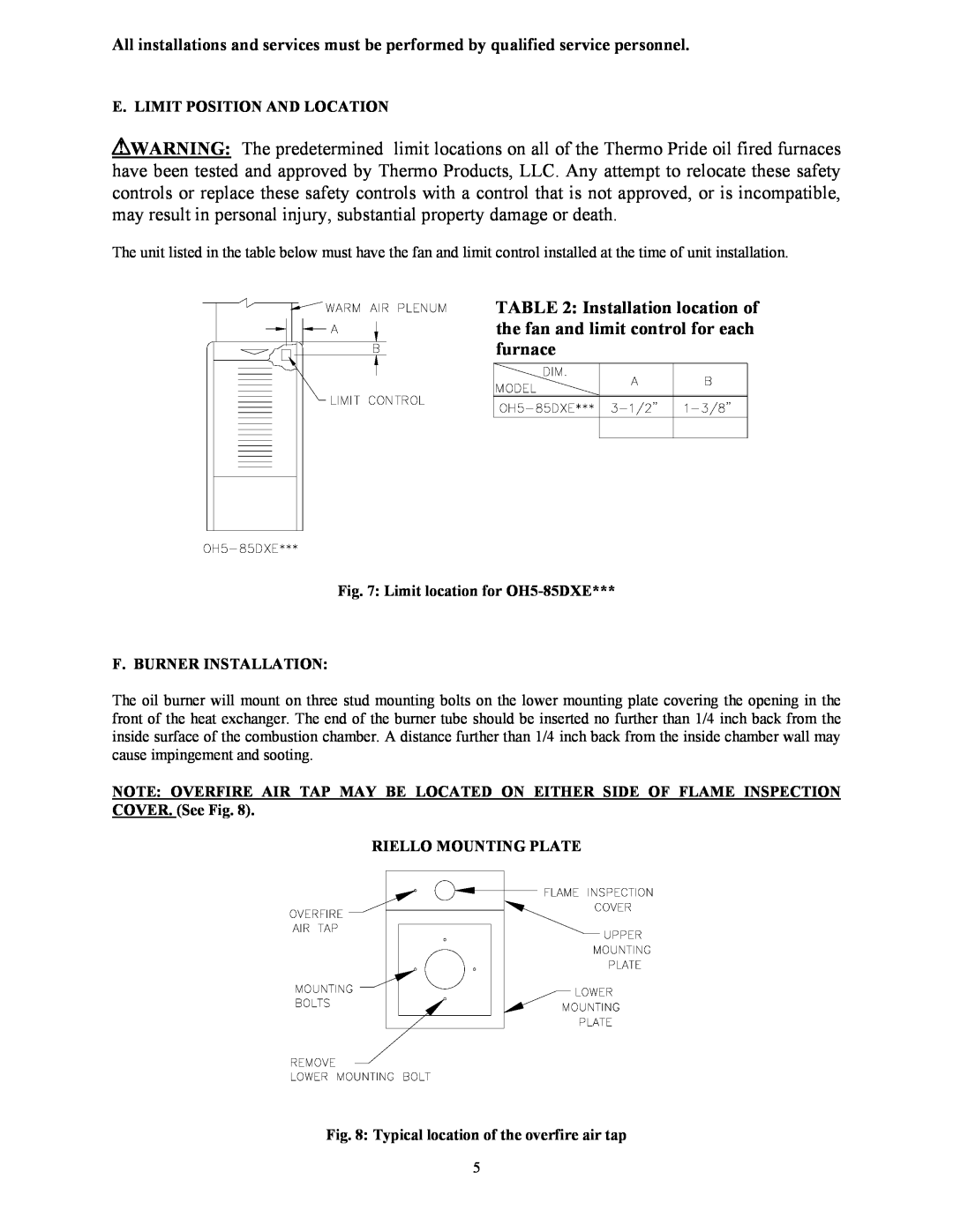 Thermo Products operation manual E. Limit Position And Location, Limit location for OH5-85DXE, F. Burner Installation 