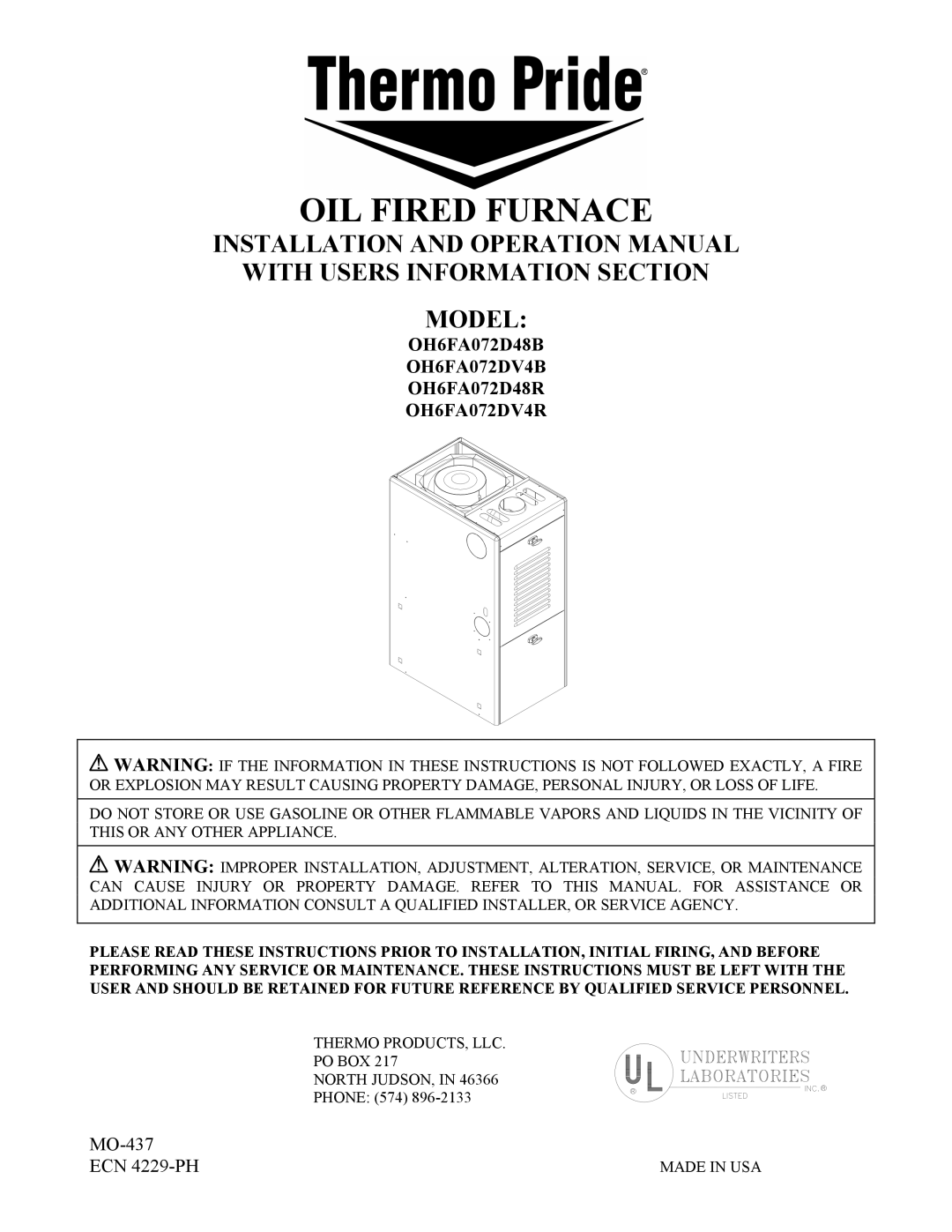 Thermo Products OH65FA072DV4B, OH65FA072DV4R, OH65FA072D48B, OH65FA072D48R operation manual OH6FA072DV4B, OH6FA072DV4R 