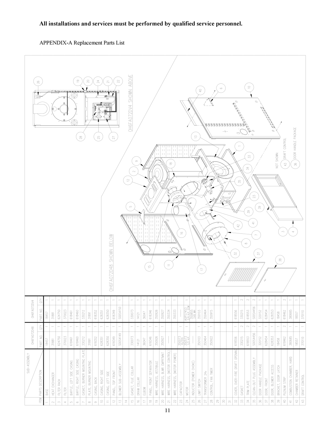 Thermo Products OH65FA072D48B, OH65FA072DV4R, OH65FA072DV4B, OH65FA072D48R operation manual APPENDIX-A Replacement Parts List 