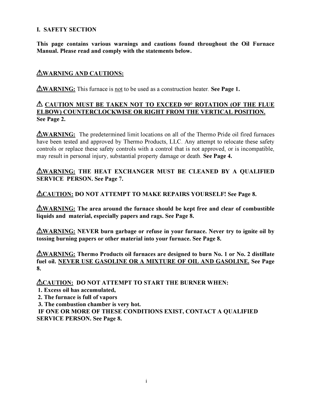 Thermo Products OH65FA072D48B, OH65FA072DV4R, OH65FA072DV4B, OH65FA072D48R operation manual Safety Section 