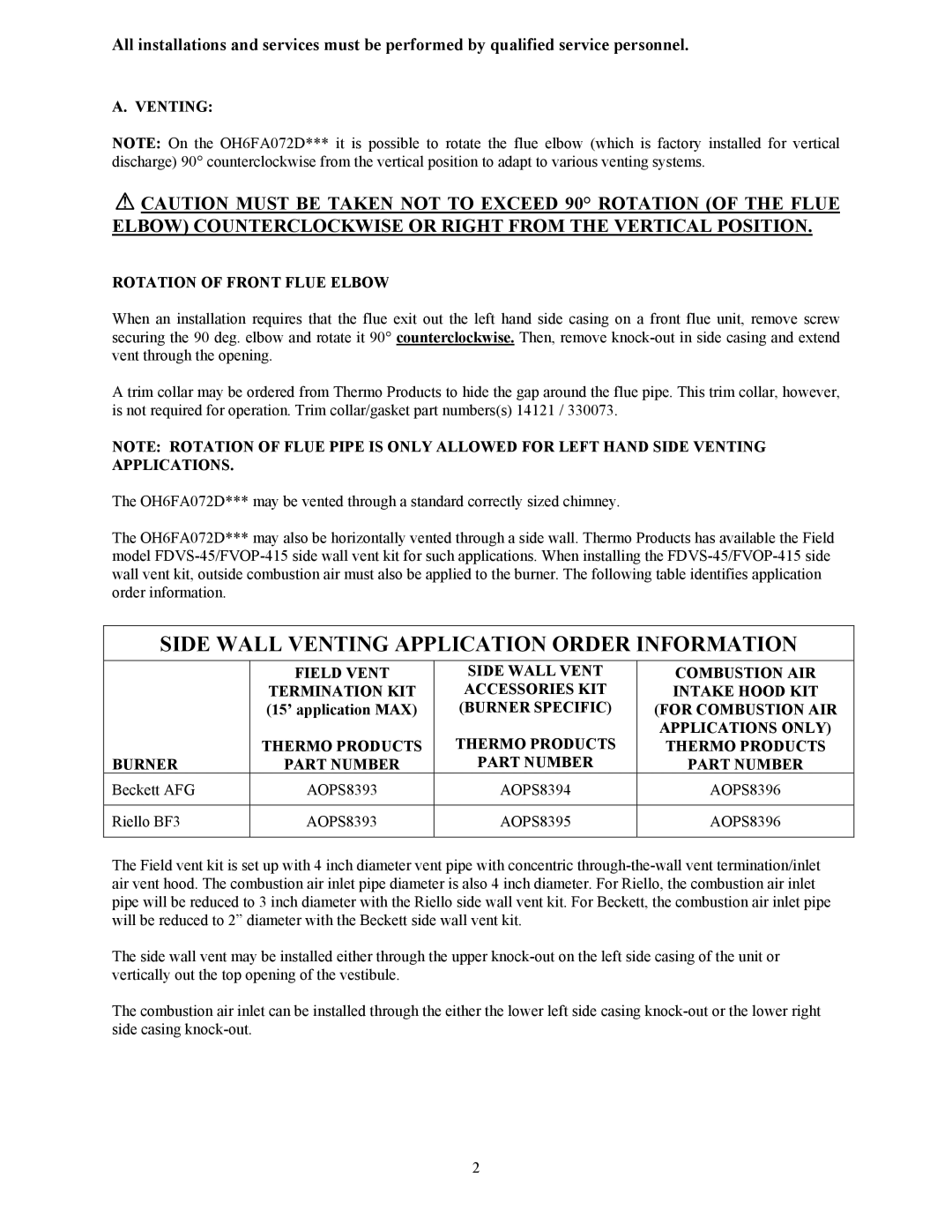 Thermo Products OH65FA072DV4B Side Wall Venting Application Order Information, Venting Rotation of Front Flue Elbow 