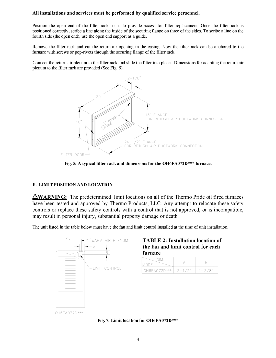 Thermo Products OH65FA072D48R, OH65FA072DV4R, OH65FA072DV4B Limit Position and Location, Limit location for OH6FA072D 