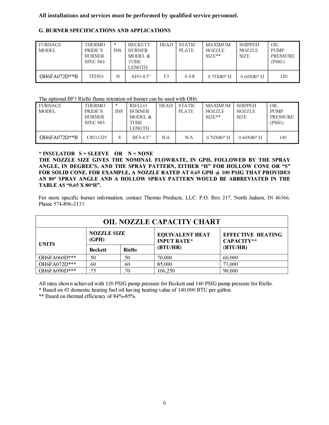 Thermo Products OH65FA072DV4B, OH65FA072DV4R, OH65FA072D48B Burner Specifications and Applications, OH6FA072D**B 