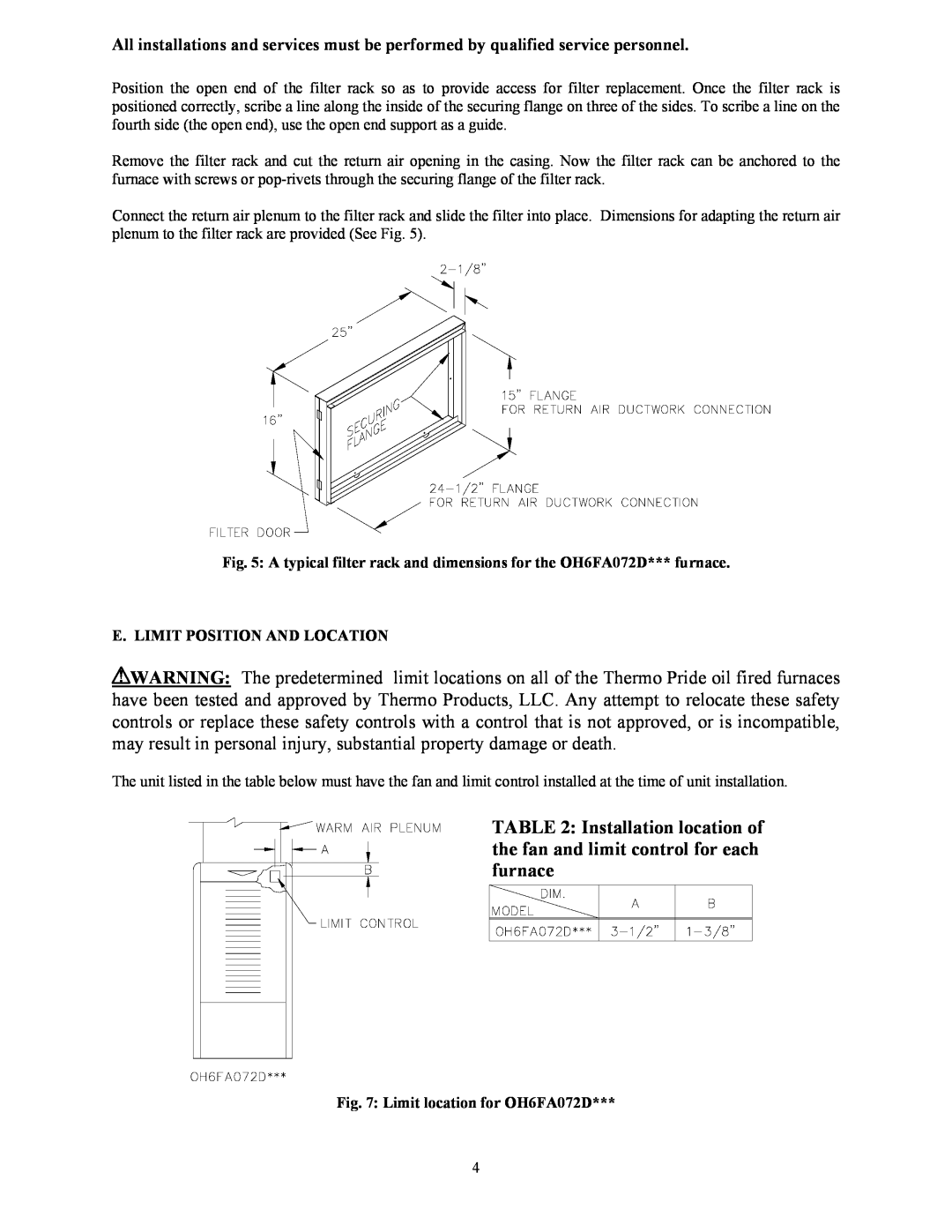 Thermo Products OH65FA072D48R, OH65FA072DV4R, OH65FA072DV4B E. Limit Position And Location, Limit location for OH6FA072D 