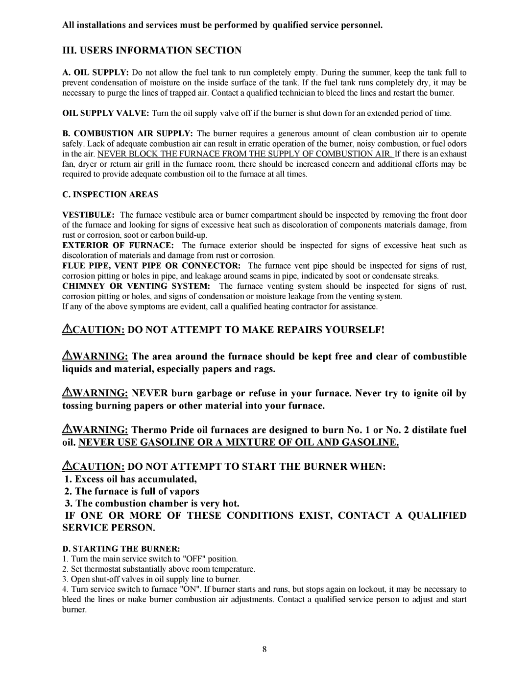 Thermo Products OH6FA072D48R, OH6FA072D48B III. Users Information Section, Inspection Areas, Starting the Burner 