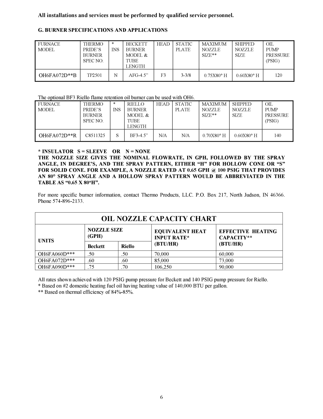 Thermo Products OH6FA072DV4R, OH6FA072D48B, OH6FA072DV4B, OH6FA072D48R Burner Specifications and Applications, OH6FA072D**B 