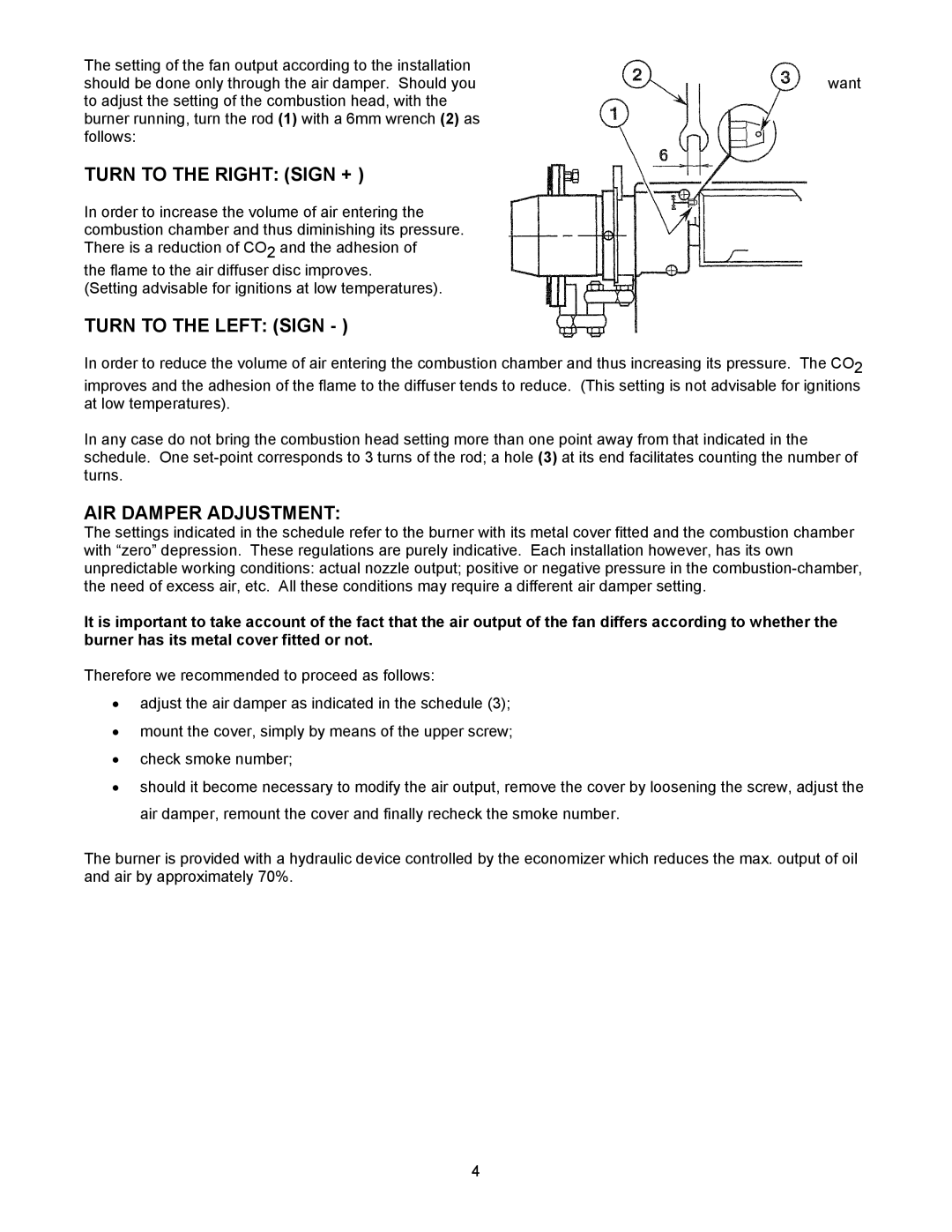 Thermo Products OH6FX072DV4 operation manual Turn to the Right Sign +, Turn to the Left Sign, AIR Damper Adjustment 