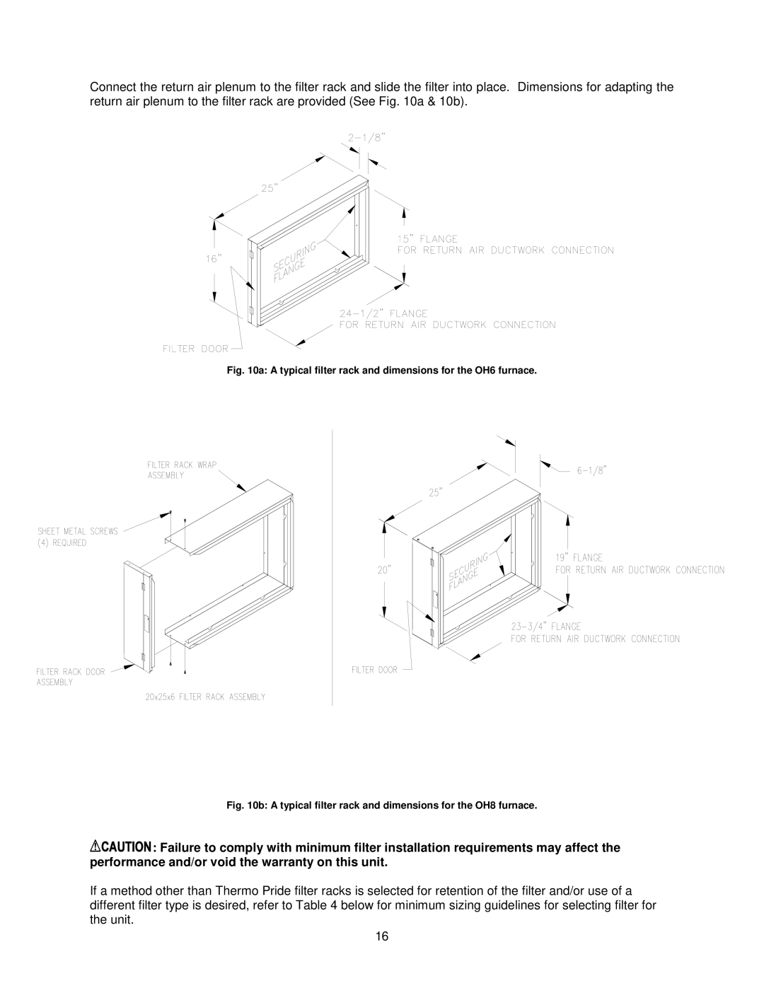 Thermo Products OH6FA072DV4B, OH8FA119DV5R, OH8FA119D60R A typical filter rack and dimensions for the OH6 furnace 