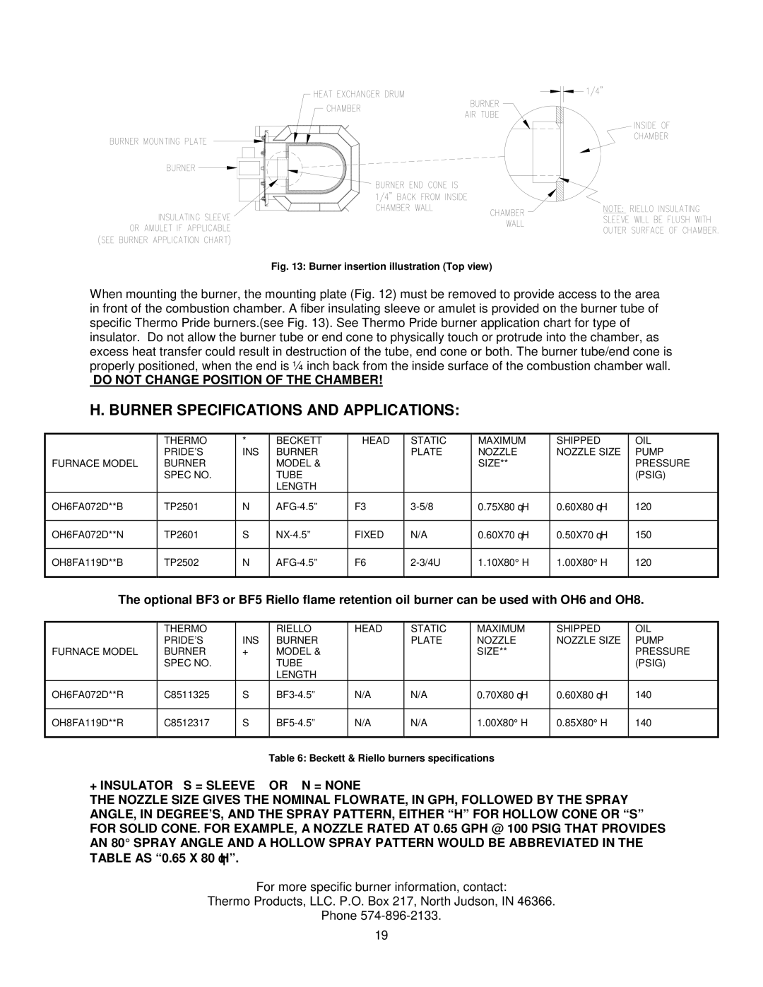 Thermo Products OH8FA119DV5R, OH8FA119D60R Burner Specifications and Applications, Do not Change Position of the Chamber 