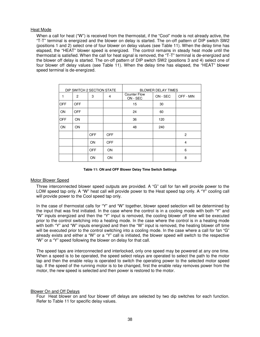 Thermo Products OH6FA072DV4B, OH8FA119DV5R, OH8FA119D60R, OH6FA072D48B On and OFF Blower Delay Time Switch Settings 