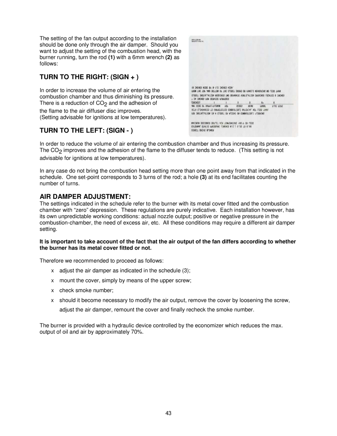 Thermo Products OH6FA072D48B, OH8FA119DV5R Turn to the Right Sign +, Turn to the Left Sign, AIR Damper Adjustment 