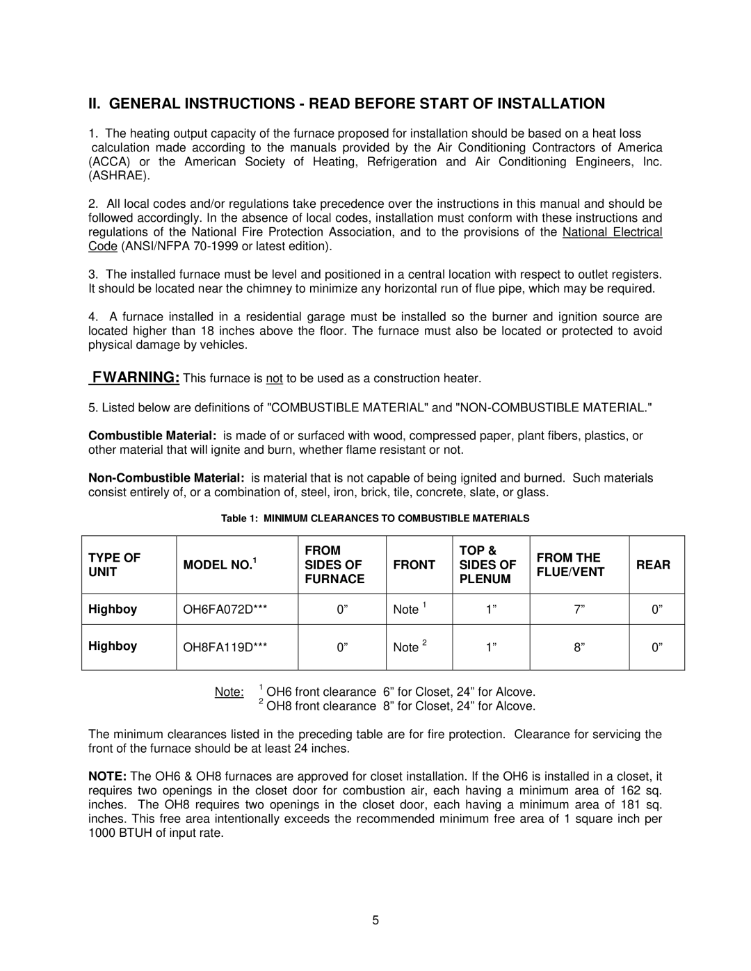 Thermo Products OH6FA072DV4B, OH8FA119DV5R II. General Instructions Read Before Start of Installation, Highboy 