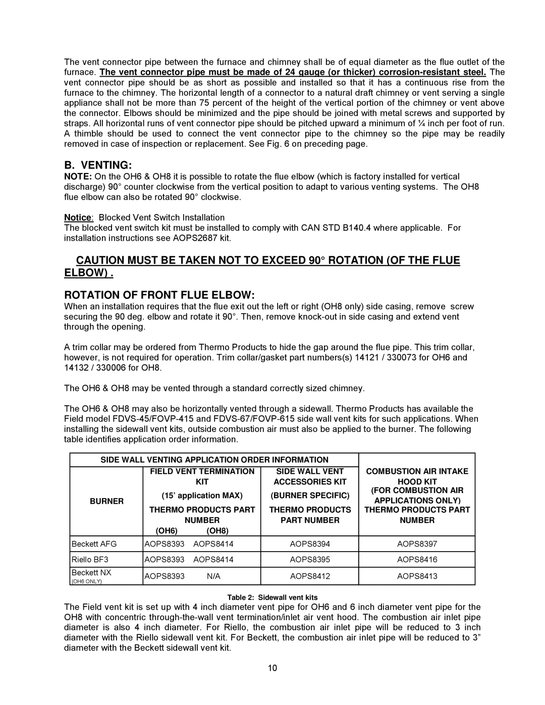 Thermo Products OH8FA119D60B, OH8FA119DV5R, OH8FA119D60R, OH6FA072D48N, OH6FA072DV4N Venting, Rotation of Front Flue Elbow 