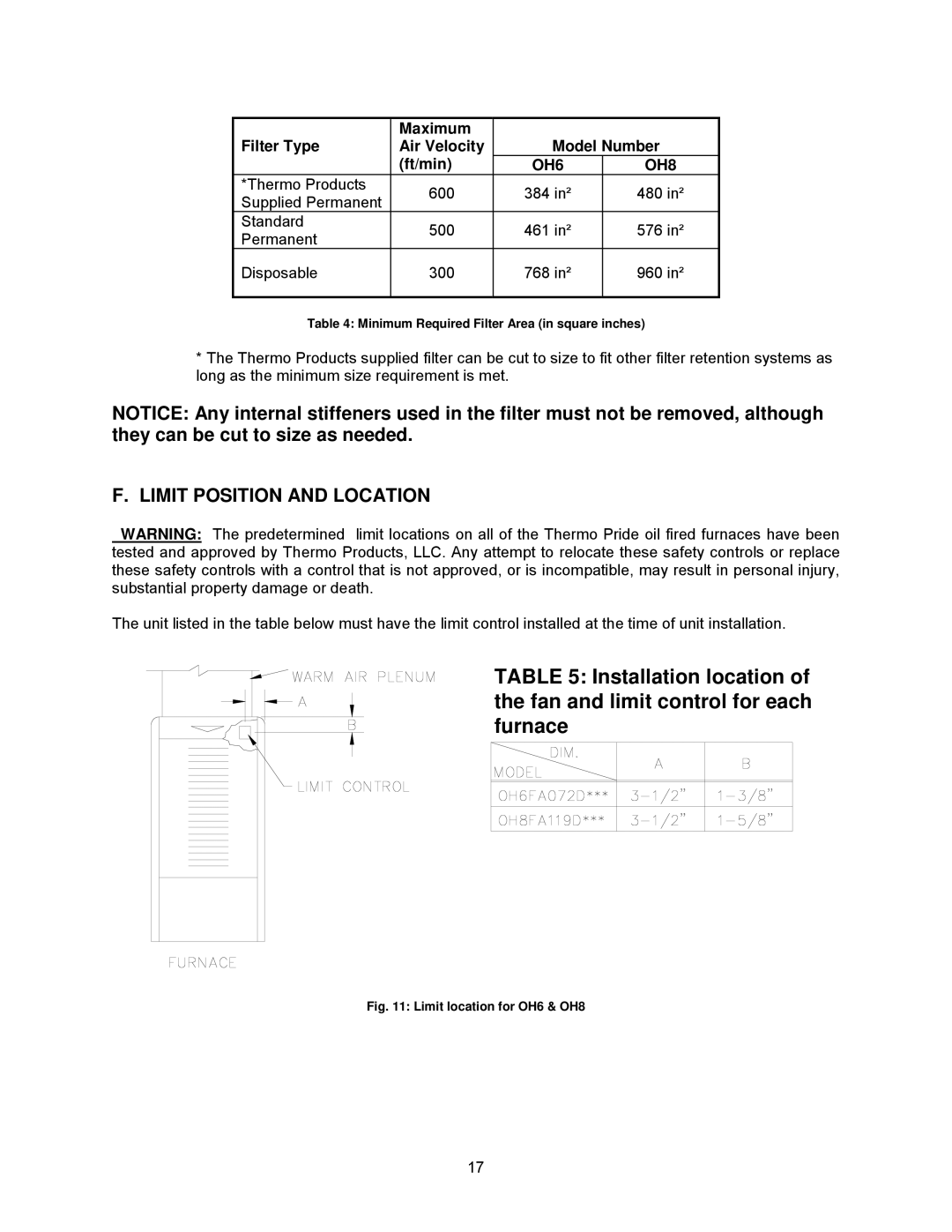 Thermo Products OH8FA119D60B Limit Position and Location, Maximum Filter Type Air Velocity Model Number Ft/min, OH6 OH8 