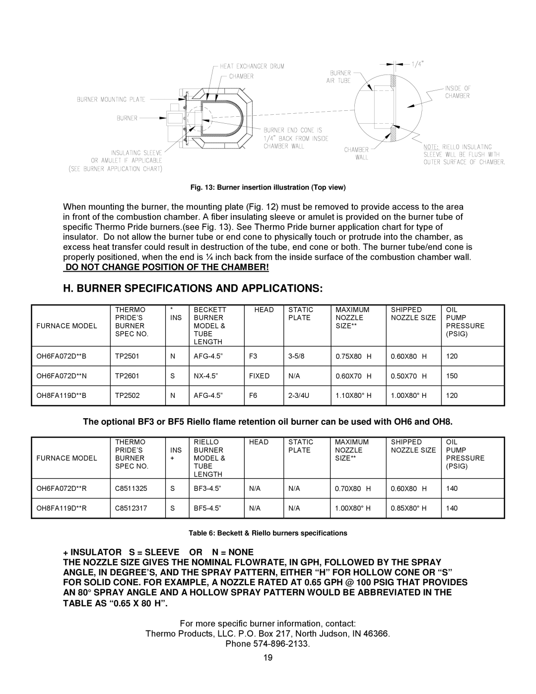 Thermo Products OH8FA119D60R, OH8FA119DV5R Burner Specifications and Applications, Do not Change Position of the Chamber 