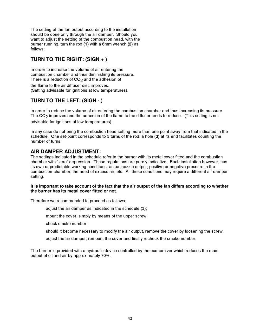 Thermo Products OH6FX072DV4R, OH8FA119DV5R Turn to the Right Sign +, Turn to the Left Sign, AIR Damper Adjustment 