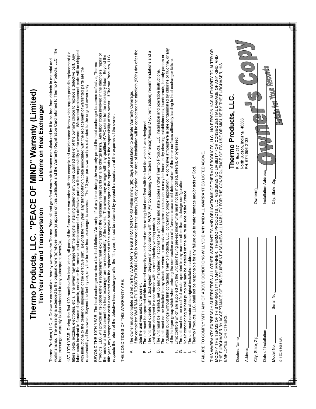 Thermo Products OH6FA072D48N, OH8FA119DV5R, OH8FA119D60R, OH6FA072DV4N, OH6FX072DV4R, OH8FA119DV5B, OH8FA119D60B operation manual 