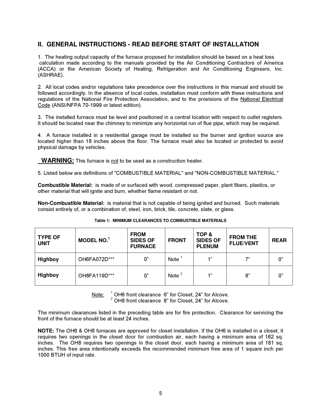 Thermo Products OH8FA119D60R II. General Instructions Read Before Start of Installation, Highboy OH6FA072D OH8FA119D 