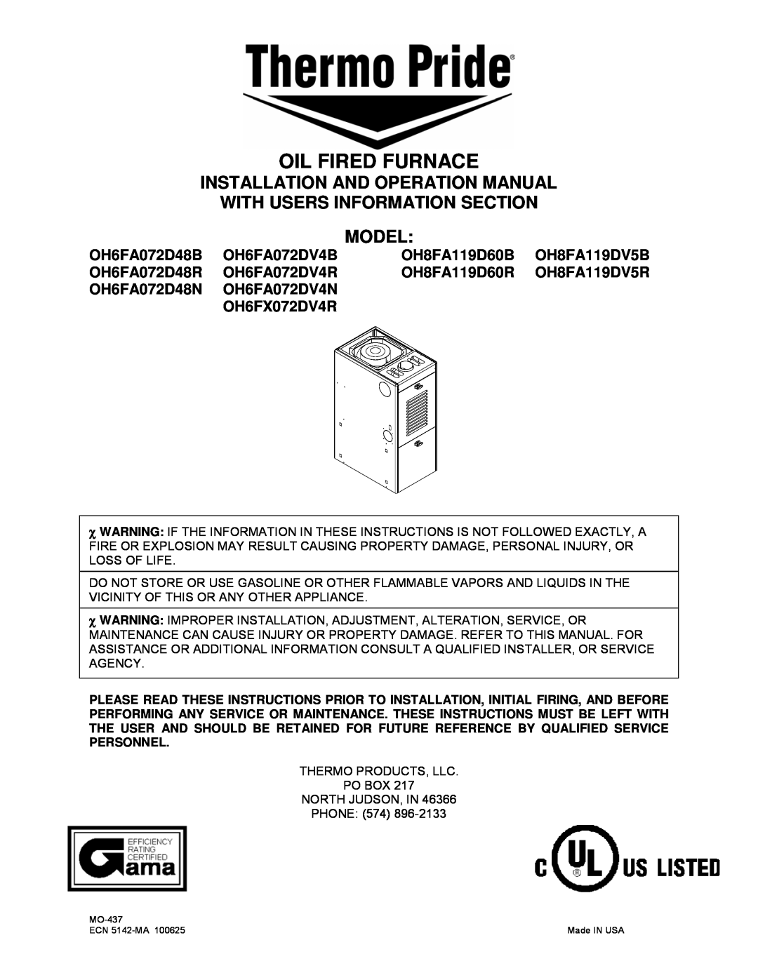 Thermo Products OH8FA119D60R operation manual OH6FA072D48B, OH6FA072DV4B, OH8FA119D60B, OH6FA072D48R, OH6FA072DV4R 