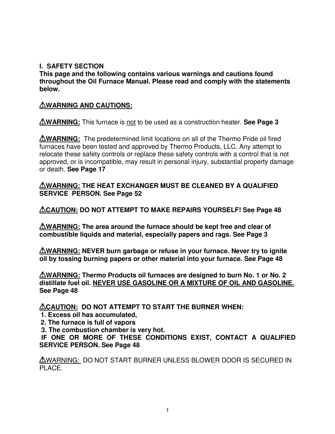 Thermo Products OHFA199DV5B Safety Section, WARNING and Cautions, CAUTION do not Attempt to Start the Burner When 