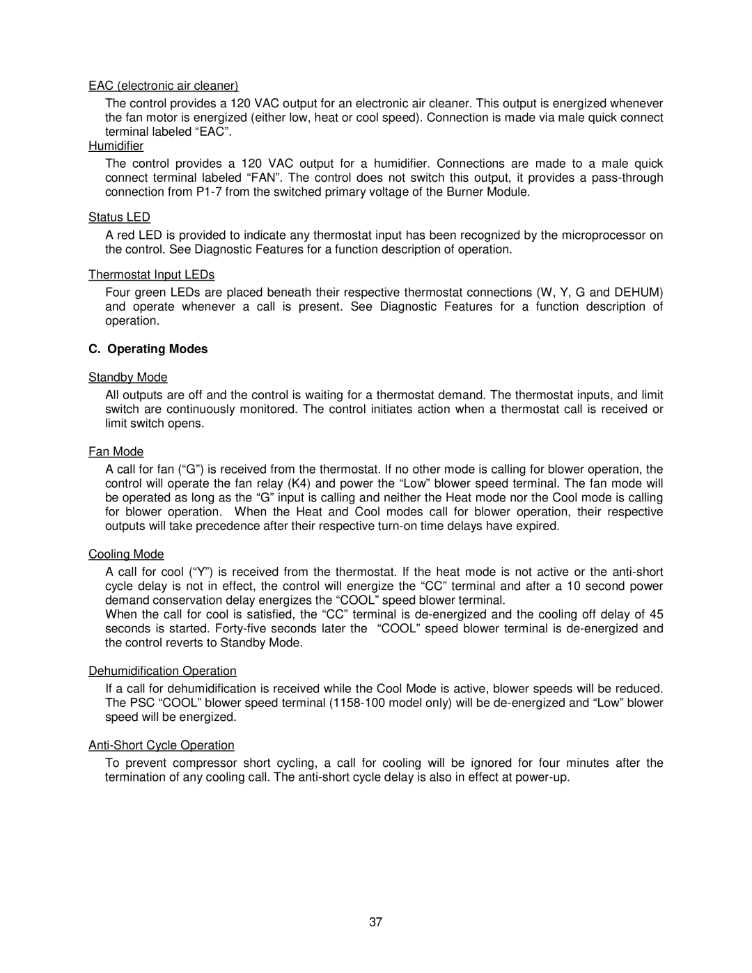 Thermo Products OHFA199DV5B, OHFA199DV5R operation manual Operating Modes 