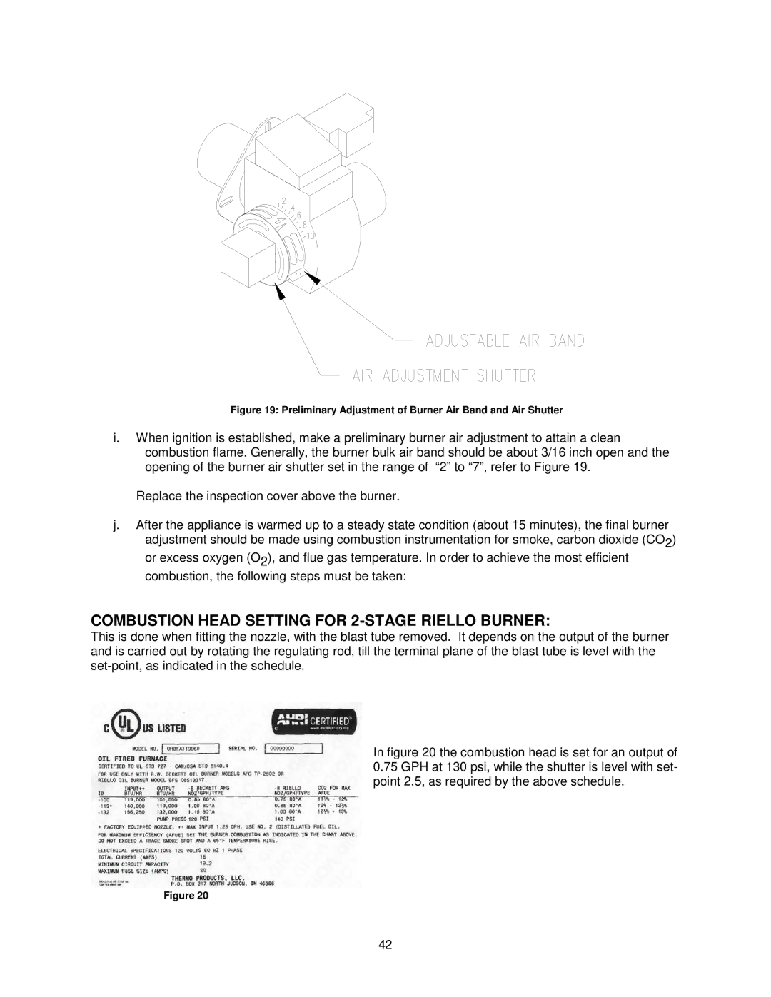 Thermo Products OHFA199DV5R, OHFA199DV5B operation manual Combustion Head Setting for 2-STAGE Riello Burner 