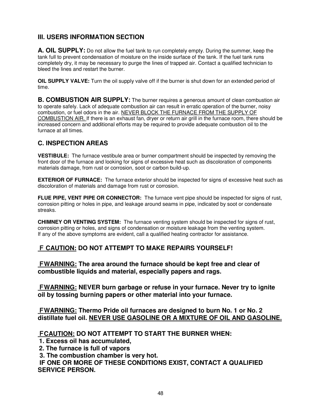 Thermo Products OHFA199DV5R, OHFA199DV5B operation manual III. Users Information Section, Inspection Areas 