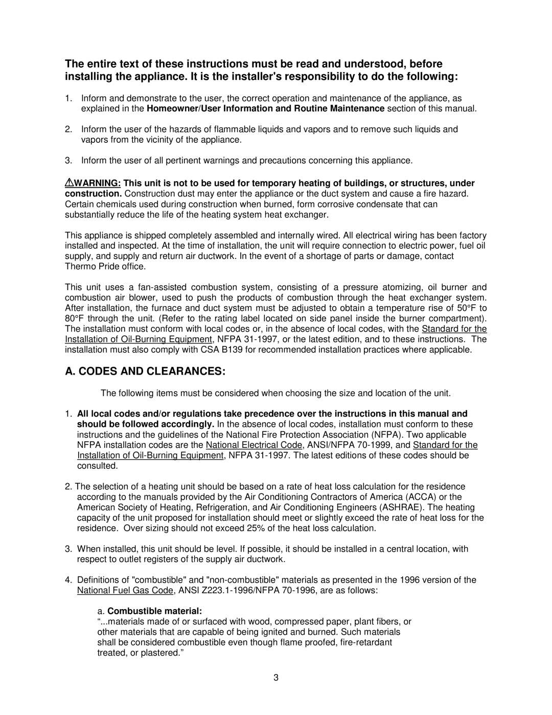 Thermo Products OHFA199DV5B, OHFA199DV5R operation manual Codes and Clearances, Combustible material 