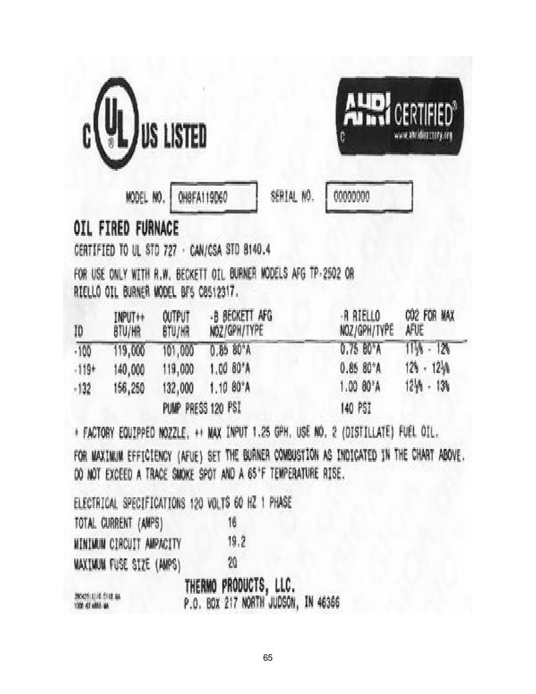 Thermo Products OHFA199DV5B, OHFA199DV5R operation manual 