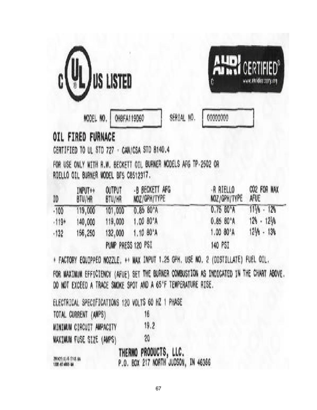 Thermo Products OHFA199DV5B, OHFA199DV5R operation manual 