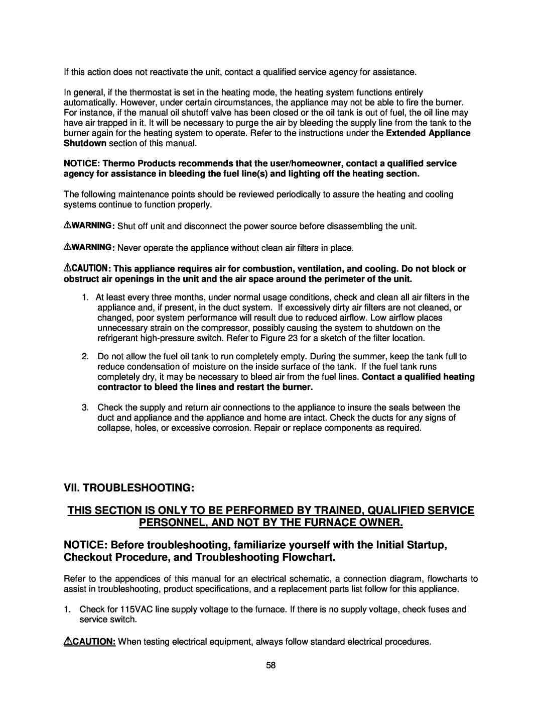 Thermo Products OHFA199DV5R, OHFA199DV5B operation manual Vii. Troubleshooting, Personnel, And Not By The Furnace Owner 