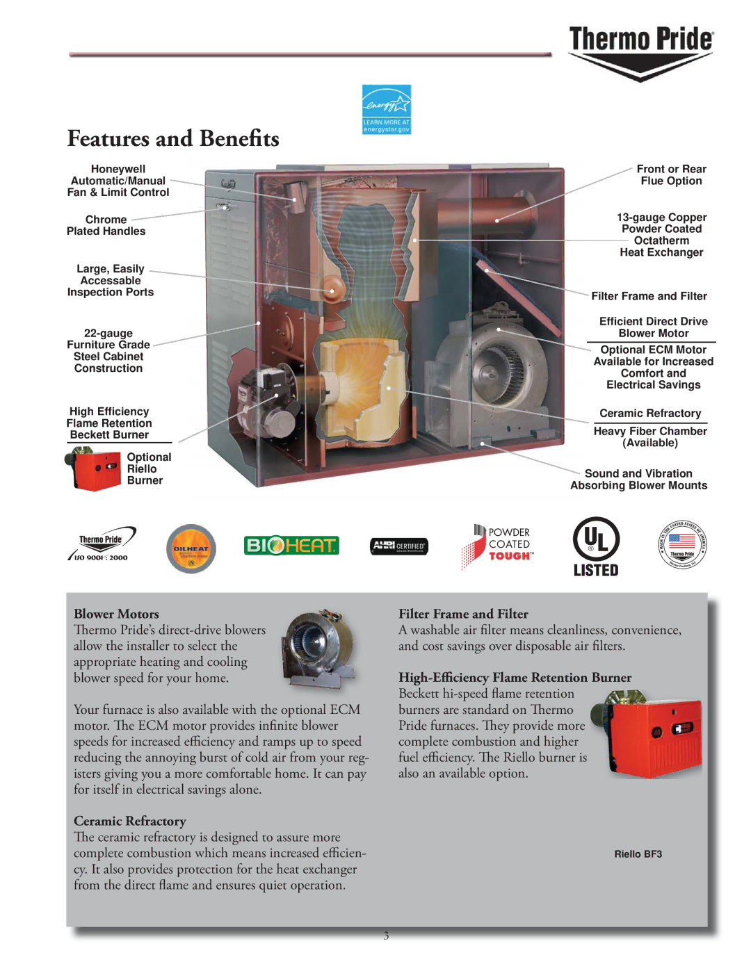 Thermo Products OL39, OL5 manual Features and Benefits, Blower Motors 