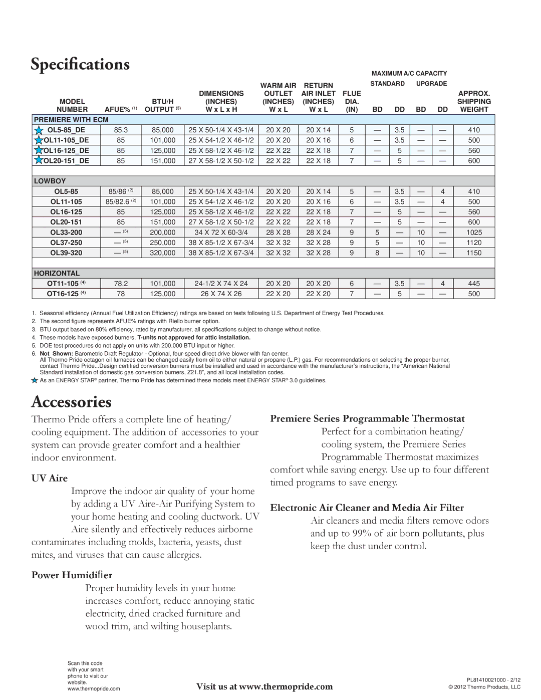 Thermo Products OL5, OL39 manual Specifications, Accessories 