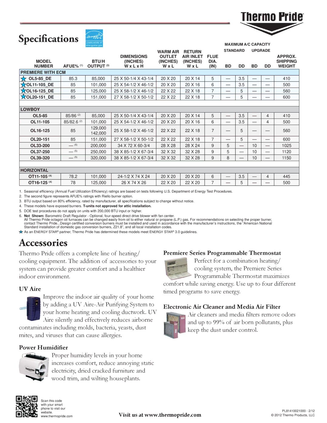 Thermo Products OL5-OL39 manual Specifications, Accessories 