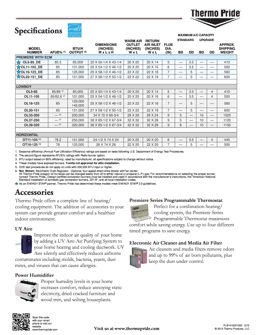 Thermo Products OL5-OL39 manual Specifications, Accessories, UV Aire, Power Humidiﬁer 