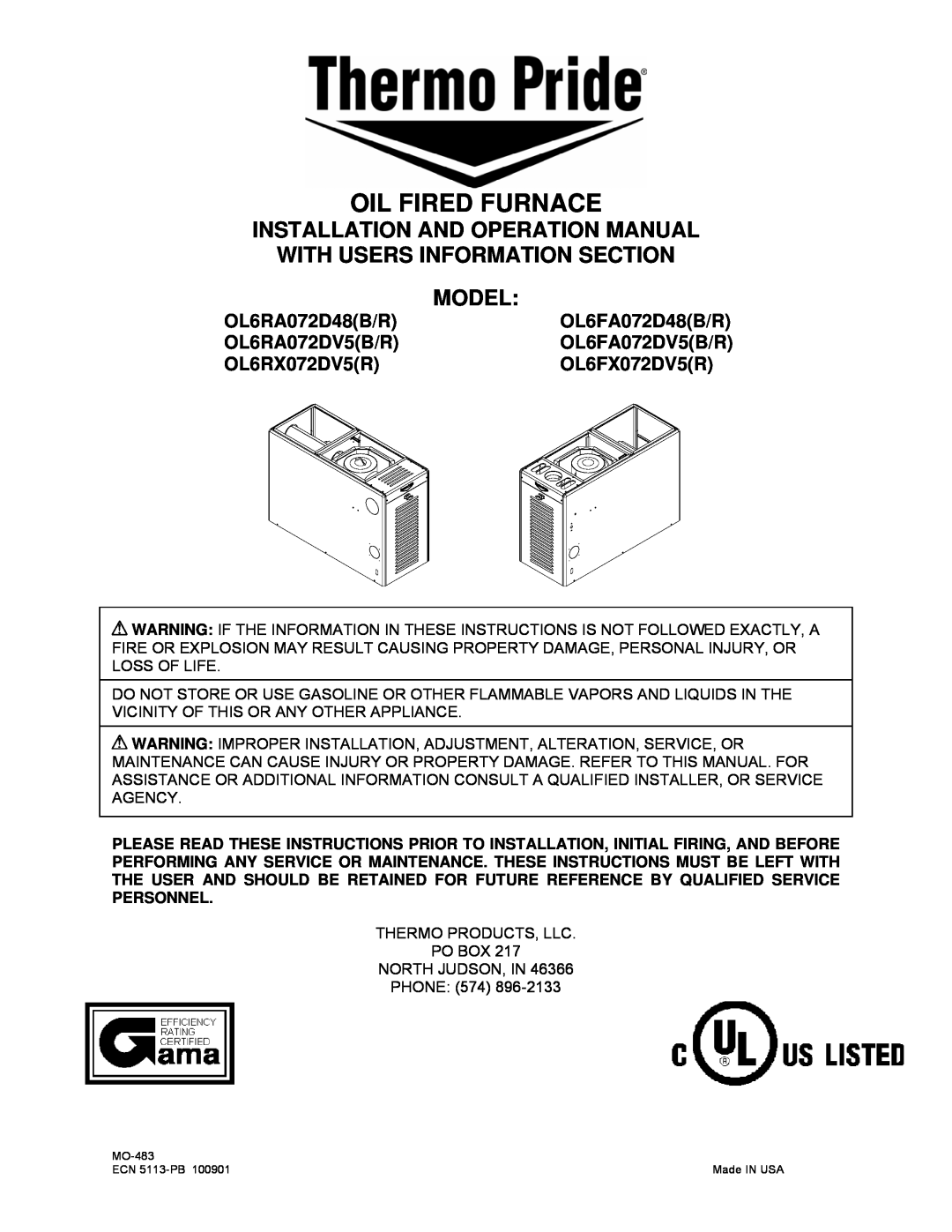 Thermo Products OL6RA072D48(B/R) operation manual OL6RA072D48B/R, OL6FA072D48B/R, OL6RA072DV5B/R, OL6RX072DV5R, Model 