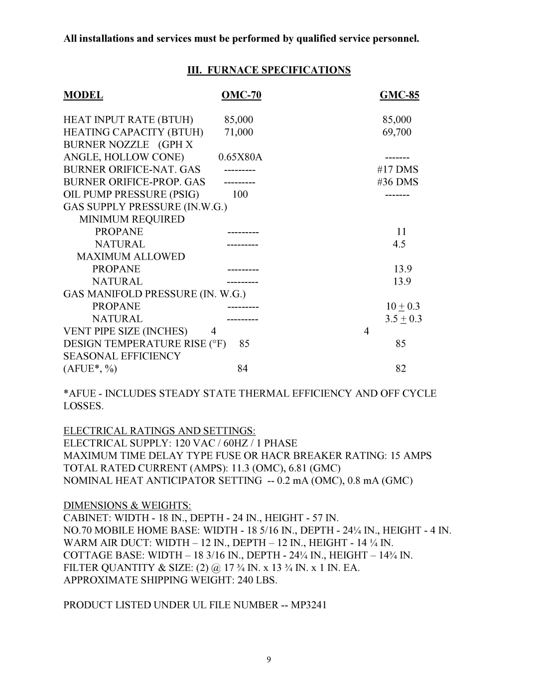 Thermo Products service manual III. Furnace Specifications Model, OMC-70 GMC-85 