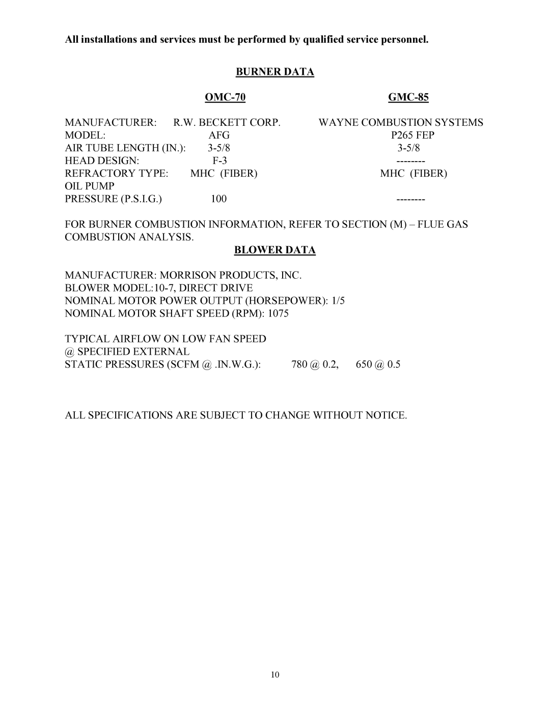 Thermo Products GMC-85, OMC-70 service manual Burner Data, Blower Data 