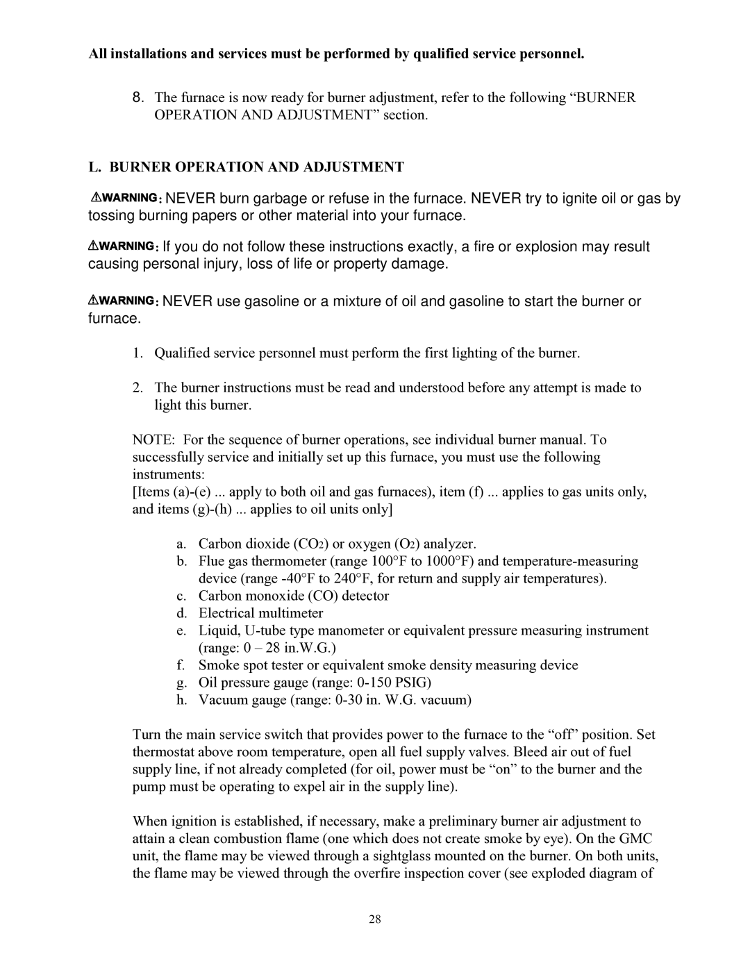 Thermo Products GMC-85, OMC-70 service manual Burner Operation and Adjustment 