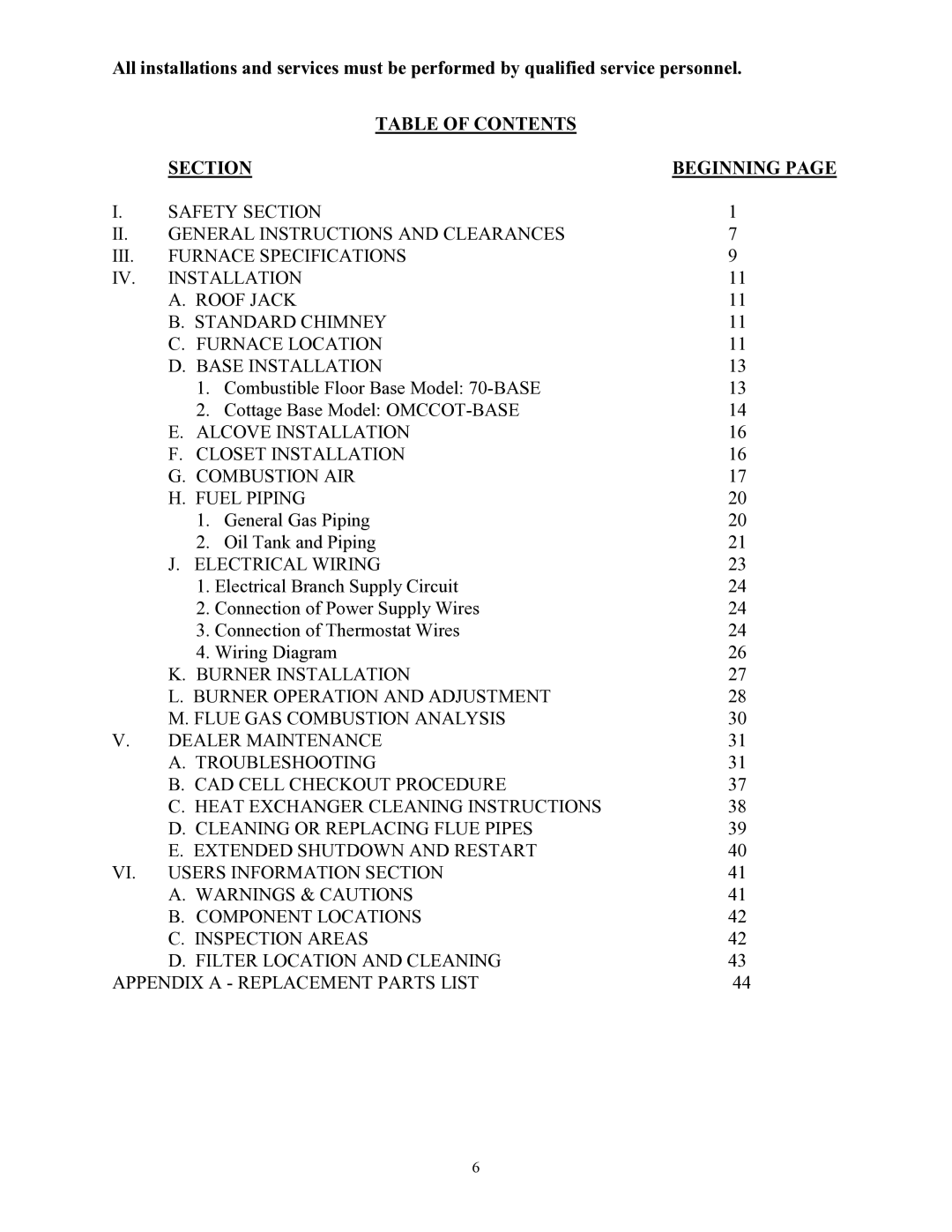 Thermo Products GMC-85, OMC-70 service manual Table of Contents Section Beginning 