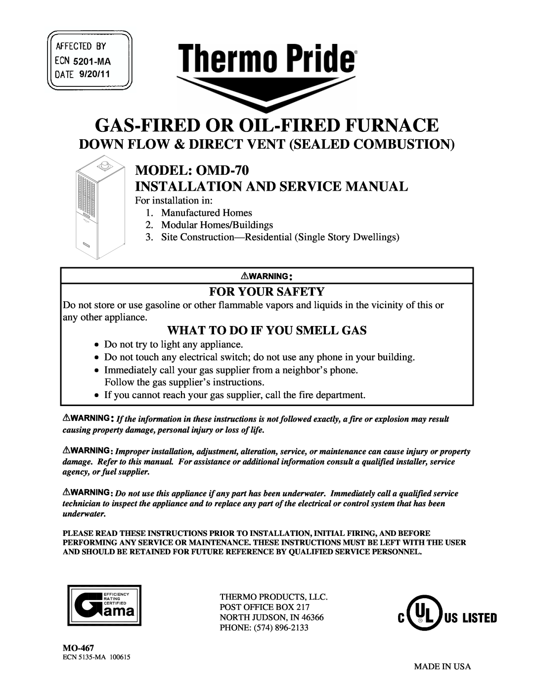 Thermo Products omd-70 service manual Gas-Firedor Oil-Firedfurnace, Down Flow & Direct Vent Sealed Combustion 