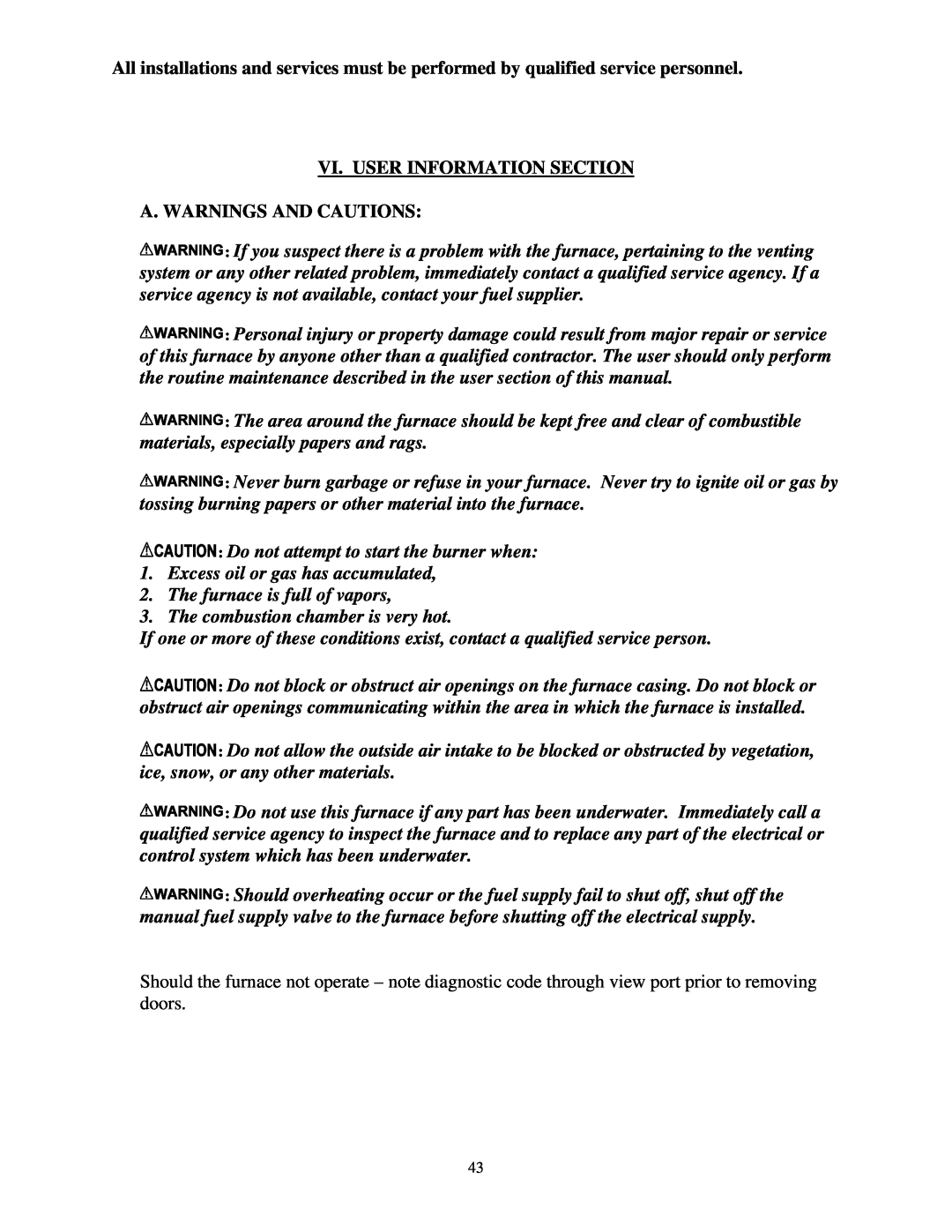 Thermo Products omd-70 service manual Vi. User Information Section, A. Warnings And Cautions 