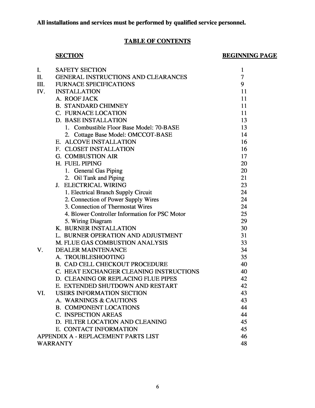 Thermo Products omd-70 service manual Table Of Contents, Section, Beginning Page 
