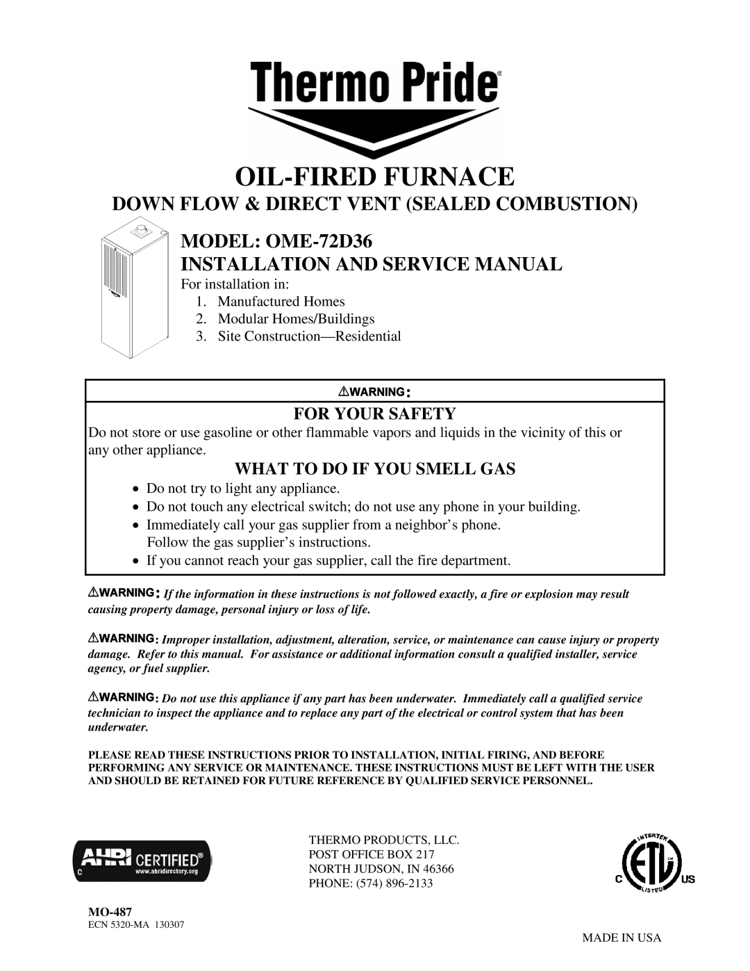 Thermo Products ome-72d36 service manual OIL-FIRED Furnace 