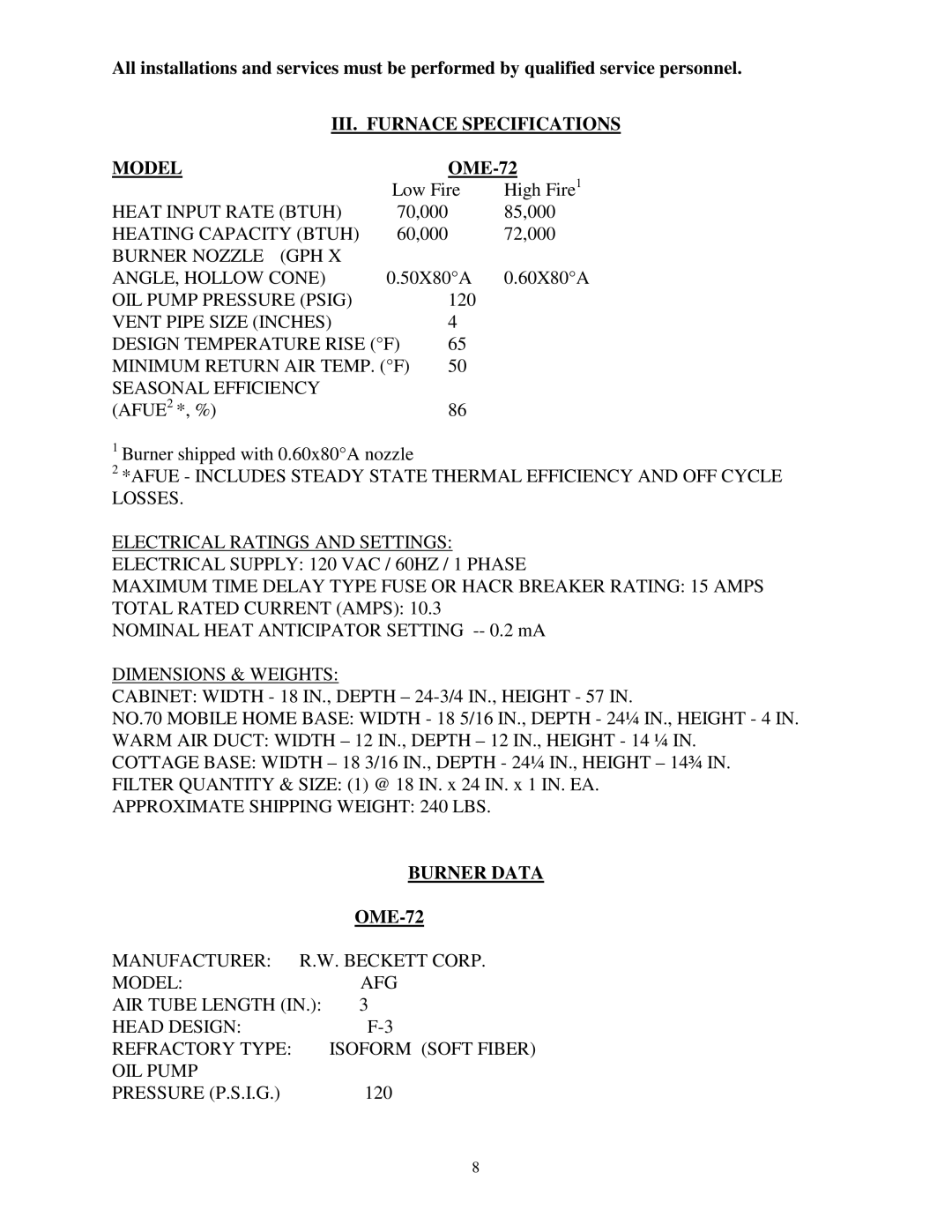 Thermo Products ome-72d36 service manual III. Furnace Specifications Model, Burner Data 