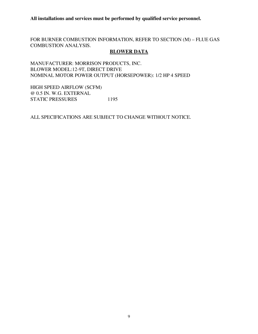 Thermo Products ome-72d36 service manual Blower Data 