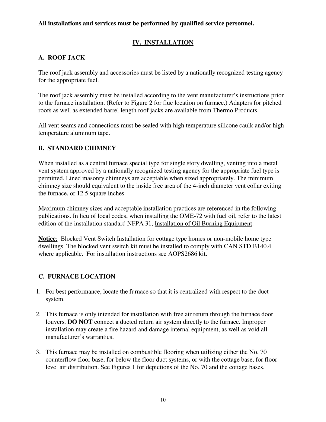 Thermo Products ome-72d36 service manual IV. Installation Roof Jack, Standard Chimney, Furnace Location 