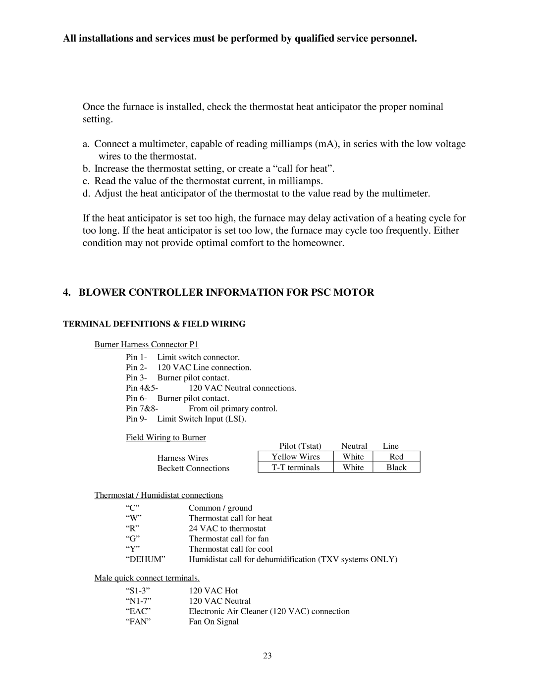 Thermo Products ome-72d36 service manual Blower Controller Information for PSC Motor, Terminal Definitions & Field Wiring 