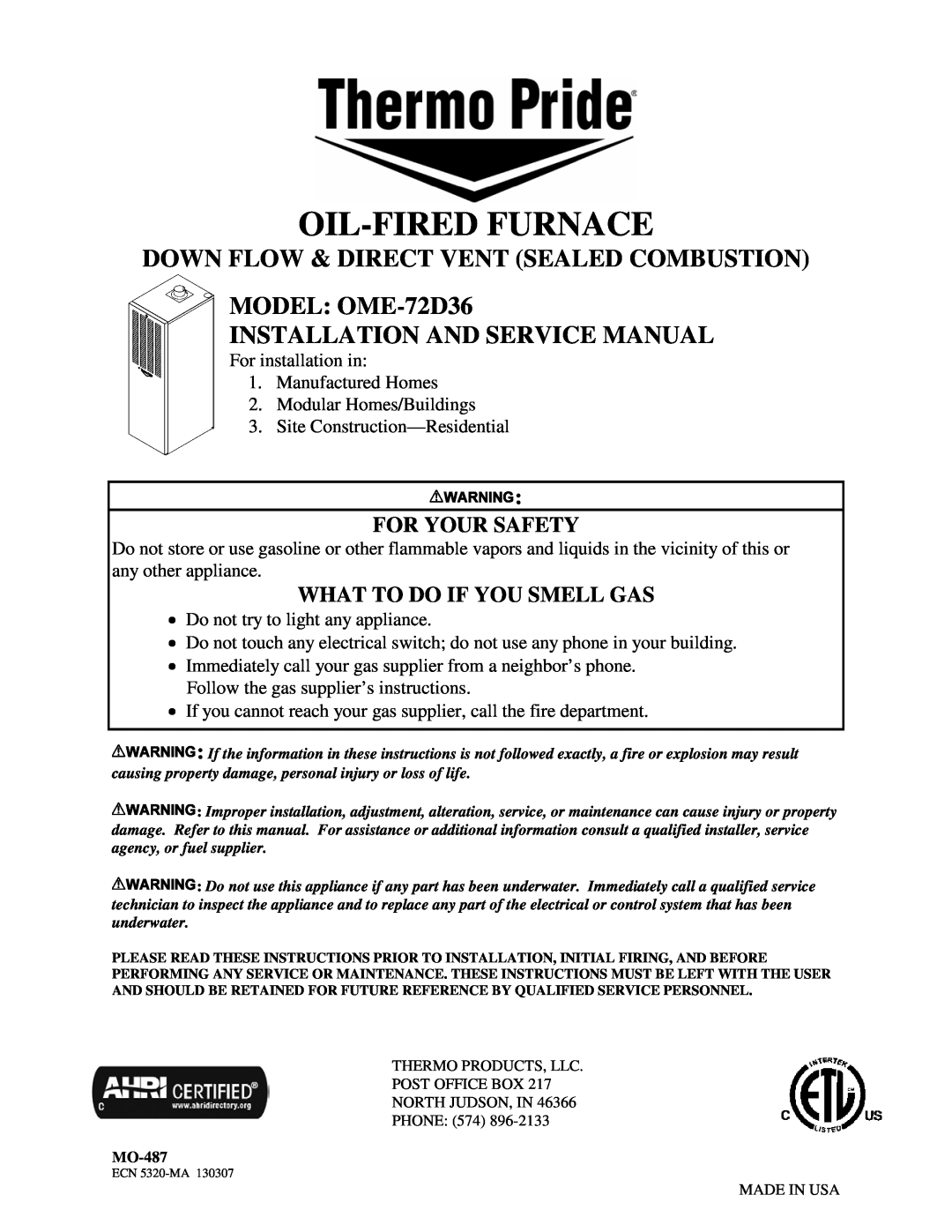 Thermo Products ome-72d36 service manual Oil-Firedfurnace, Down Flow & Direct Vent Sealed Combustion, For Your Safety 