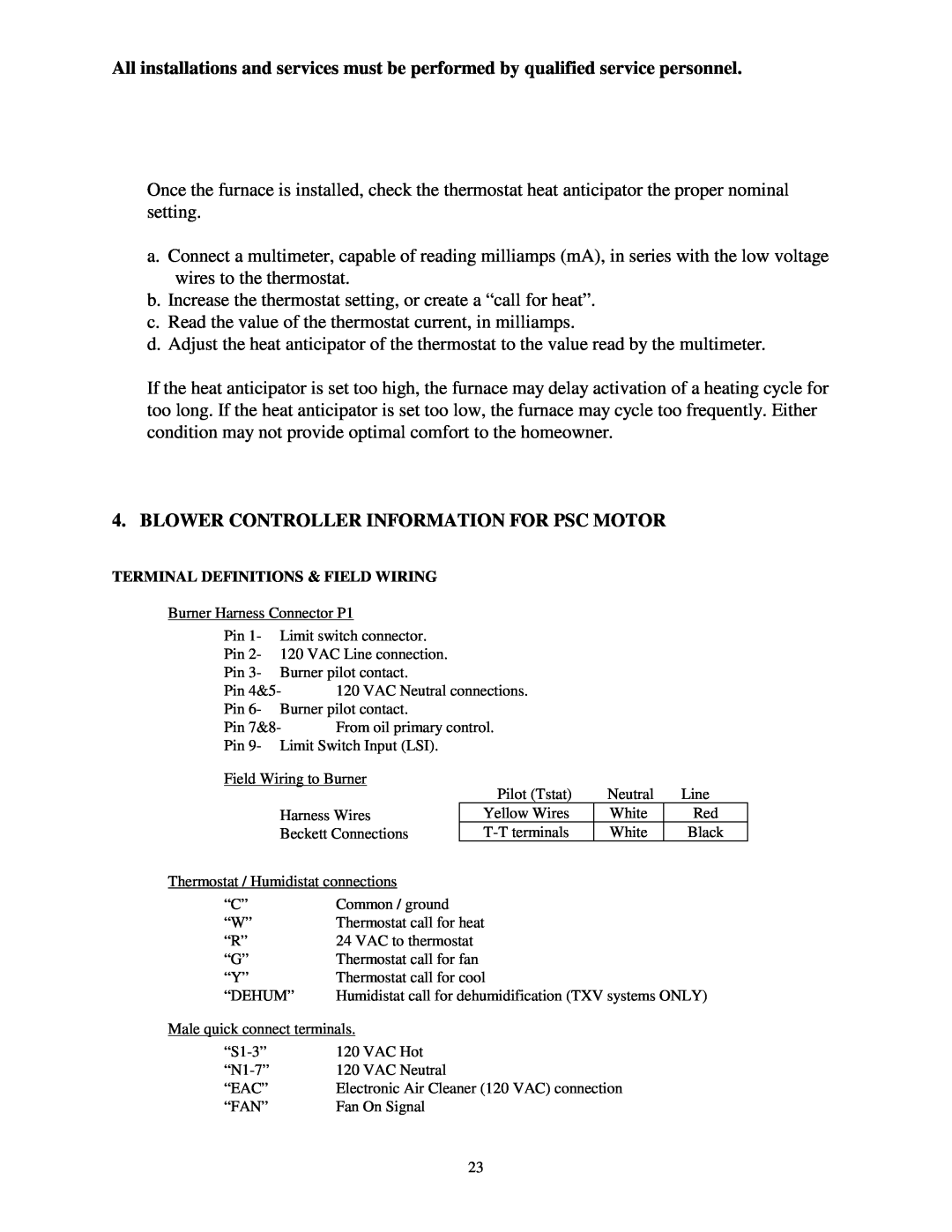 Thermo Products ome-72d36 service manual Blower Controller Information For Psc Motor, Terminal Definitions & Field Wiring 